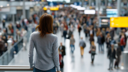 A public transportation hub (train station or airport) cluttered with directional signage, announcements, digital billboards, and people using various devices. A traveler stands co