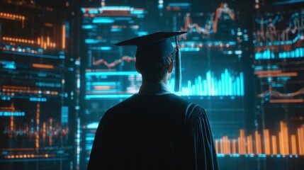 Graduate looks at data analytics screen in modern setting during virtual ceremony in a tech-focused environment
