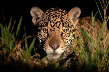 ジャガーが草の中で獲物を待つ