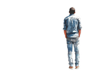 Naklejka premium Person standing alone facing a blank background in a casual outfit at an unknown location during daytime