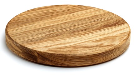 Close-up of a circular, wooden cutting board on a white background