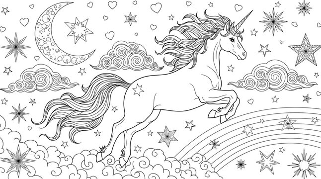 Leaping unicorn, fantasy sky, crescent moon, swirling clouds, rainbow scene, magical stars, whimsical hearts, coloring page, kids artwork,  flat vector illustration
