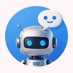 Design concept for a cute robot icon featuring a robot head with speech bubble in blue circle on white background, representing a chatbot logo and support service