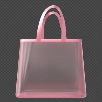Transparent tote bag with hanging handles, pink shopping pouch with straps, fashion clear plastic handbag vector mockup