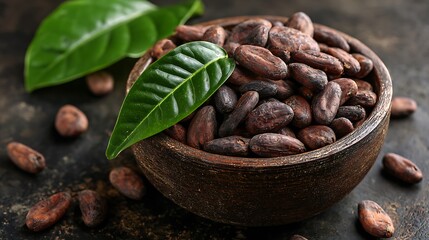 Obraz premium Close-up of roasted cocoa beans in a wooden bowl with green leaves, on a textured surface