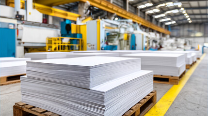 Close-up of stacked paper reams on pallets with a visible decline in stack height across the scene