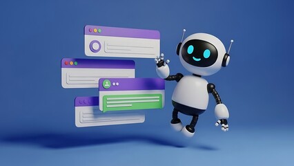 3d robot character with chat windows floating beside it on blue background, artificial intelligence concept illustration