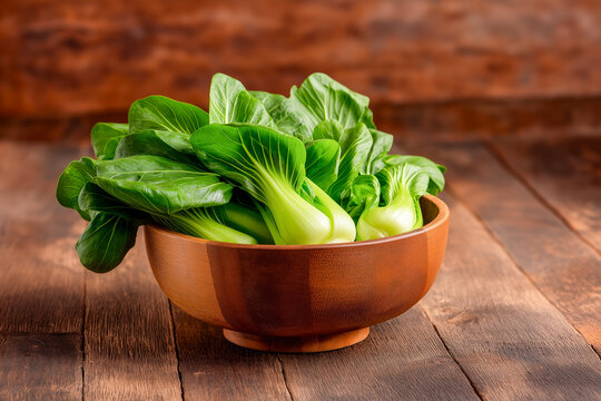 Bok Choy in wooden bowl, 45 degree, on wooden background