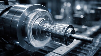 Machinery operates in a factory to create precise metal parts using cutting tools and machinery in a workshop setting