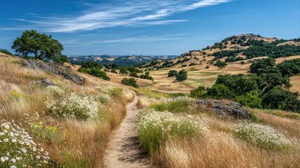 緑の丘と野原の小道が広がる風景