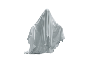 Ghost figure covered in white cloth standing in a bright space