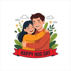 Obraz premium Happy Hug Day Illustration of Smiling Couple Hugging with Red Ribbon Banner