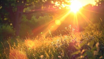 Golden sunlight streaming through lush green trees and illuminating a vibrant meadow.