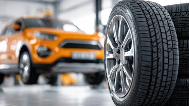 New tire stack in the car workshop. Prepared for vehicle that need to change tires. Auto tire shop. Changing wheel in a professional car mechanical service. Garage or repair shop. Selective focus