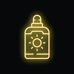 Fototapeta premium Neon sign of a sunscreen bottle glowing yellow, perfect for representing summer skincare