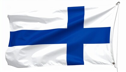 Obraz premium Finnish national flag with blue Nordic cross on white background, waving with realistic fabric texture.