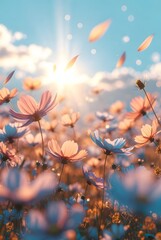 Dreamy Cosmos Flowers Bathed in Golden Sunlight