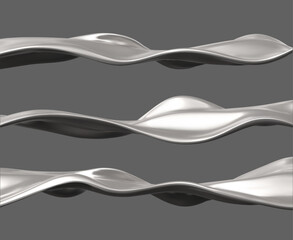 Abstract metallic waves or flowing liquid silver on an isolated gray background.