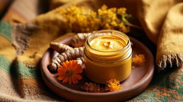 Ultra HD Turmeric paste or cream in a jar with fresh turmeric roots and marigold flowers on a rustic plate with warm fabric background video