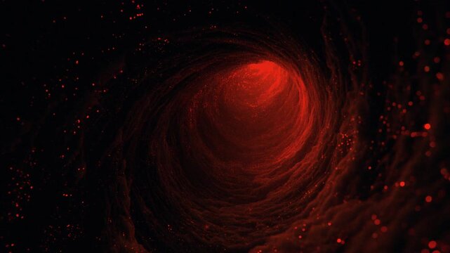 Abstract tunnel of red particles and glowing light on dark background