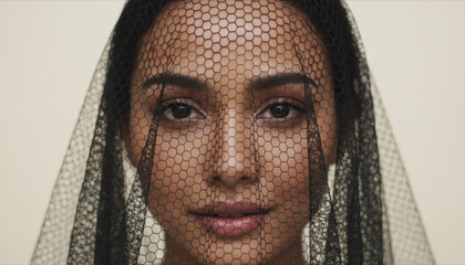 Beautiful woman behind intricate black mesh veil close-up