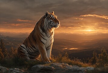 Majestic tiger sitting on a hilltop at sunset overlooking a serene landscape symbolizing power 