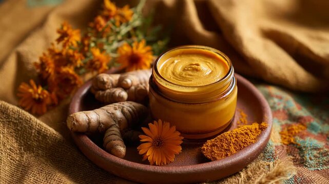 Ultra HD Homemade turmeric face mask or body butter in a jar with fresh turmeric roots and flowers on rustic background video