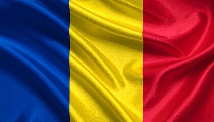 Romanian national flag with vertical blue, yellow, and red stripes displayed on wrinkled fabric with realistic texture.