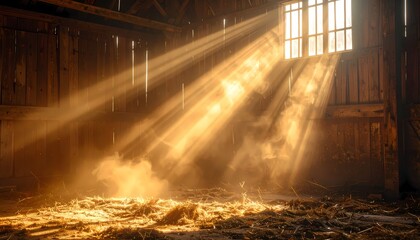 Sunlight streaming through a dusty window into a dark abandoned barn illuminating the interior with golden rays and visible dust particles.