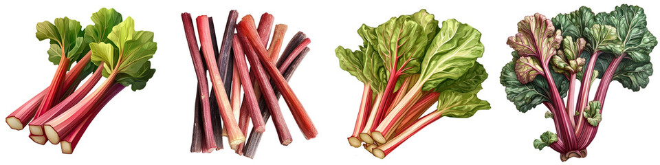 Fresh rhubarb &ndash; Fresh uncooked rhubarb stalks often used as an ingredient for pie. Isolated on Clear White Background Highly Detailed