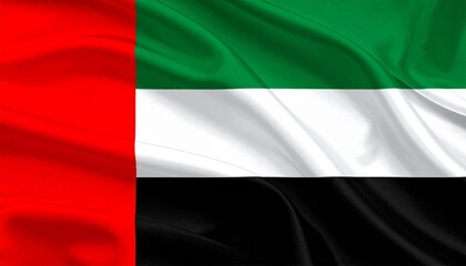 Obraz premium UAE national flag with vertical red stripe and horizontal green, white, and black bands on textured fabric