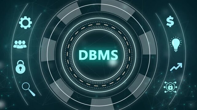 Database Management System concept with icons and with gears on dark background DBMS