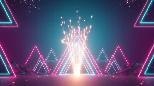 Vibrant neon triangles illuminate a dark futuristic landscape with a brilliant light explosion in the center