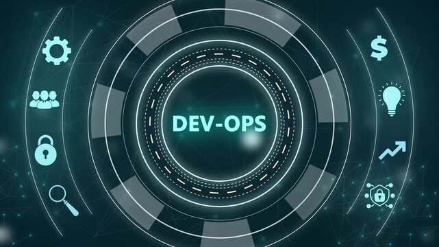 Dev Ops concept with icons and with gears on dark background DevOps development