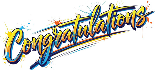 Vibrant 'Congratulations' calligraphy with energetic paint splatters, ideal for celebrating success, achievements, and joyful milestones. Dynamic brush lettering for festive events