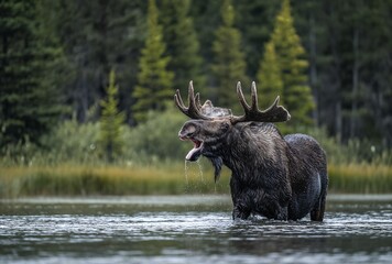 Bull moose roaring in lake water with antlers and forest background wildlife nature scene
