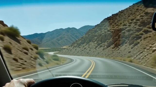 POV driving video from inside a car, moving forward along a winding desert mountain road. Empty road and arid landscape ahead. Cinematic footage for journey, freedom, solitude, exploration, business a