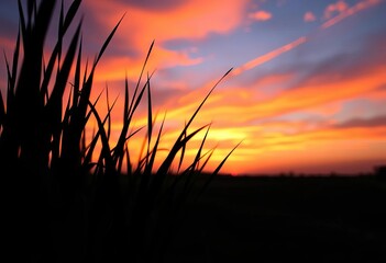 Dark grass shapes against a vibrant sunset sky, silhouette, beauty