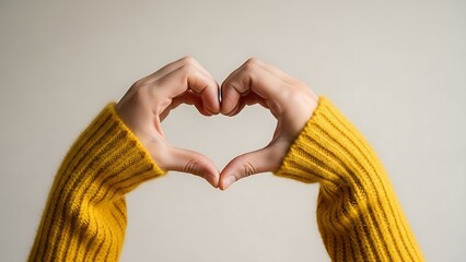 First person photo of woman's hands making heart with fingers yellow sweaters create a perfect heart silhouette on beige