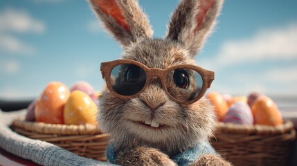 Rabbit wearing sunglasses enjoys colorful eggs on a sunny day in the garden