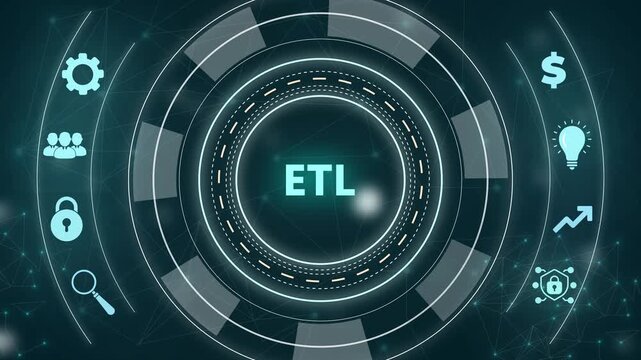 ETL concept infographic with icons and with gears on dark blue background extract transform load data integration