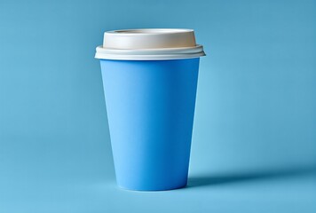 Blue disposable coffee cup with white lid isolated on a pastel blue background for takeaway drinks 