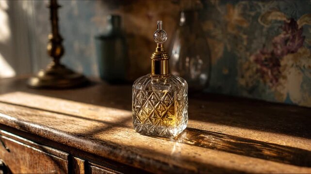 Ultra HD Vintage crystal perfume bottle with gold stopper resting on a rustic wooden dresser bathed in warm sunlight, creating dramatic shadows video