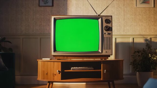 Cozy living room featuring a vintage television set with a vibrant green screen