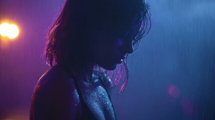 Woman stands in rain with colorful lights shining at night in urban setting during an event or performance