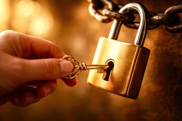 A person is holding a key and trying to open a gold lock