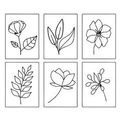 Minimalist botanical flower and leaf line art set, simple hand drawn floral illustrations for card and poster design