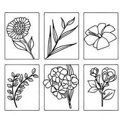 Set of bold black line art floral illustrations, minimalist hand drawn botanical flower and branch sketches for decor