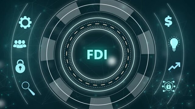 FDI concept infographic with icons and with gears on dark blue background Foreign Direct Investment