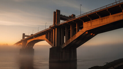 A large bridge over water at sunrise or sunset with a foggy atmosphere